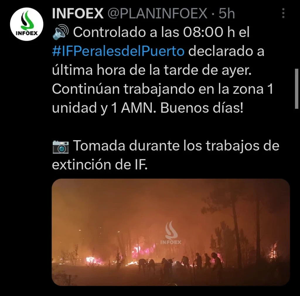 El plan Infoex da por controlado el Incendio de Perales del Puerto